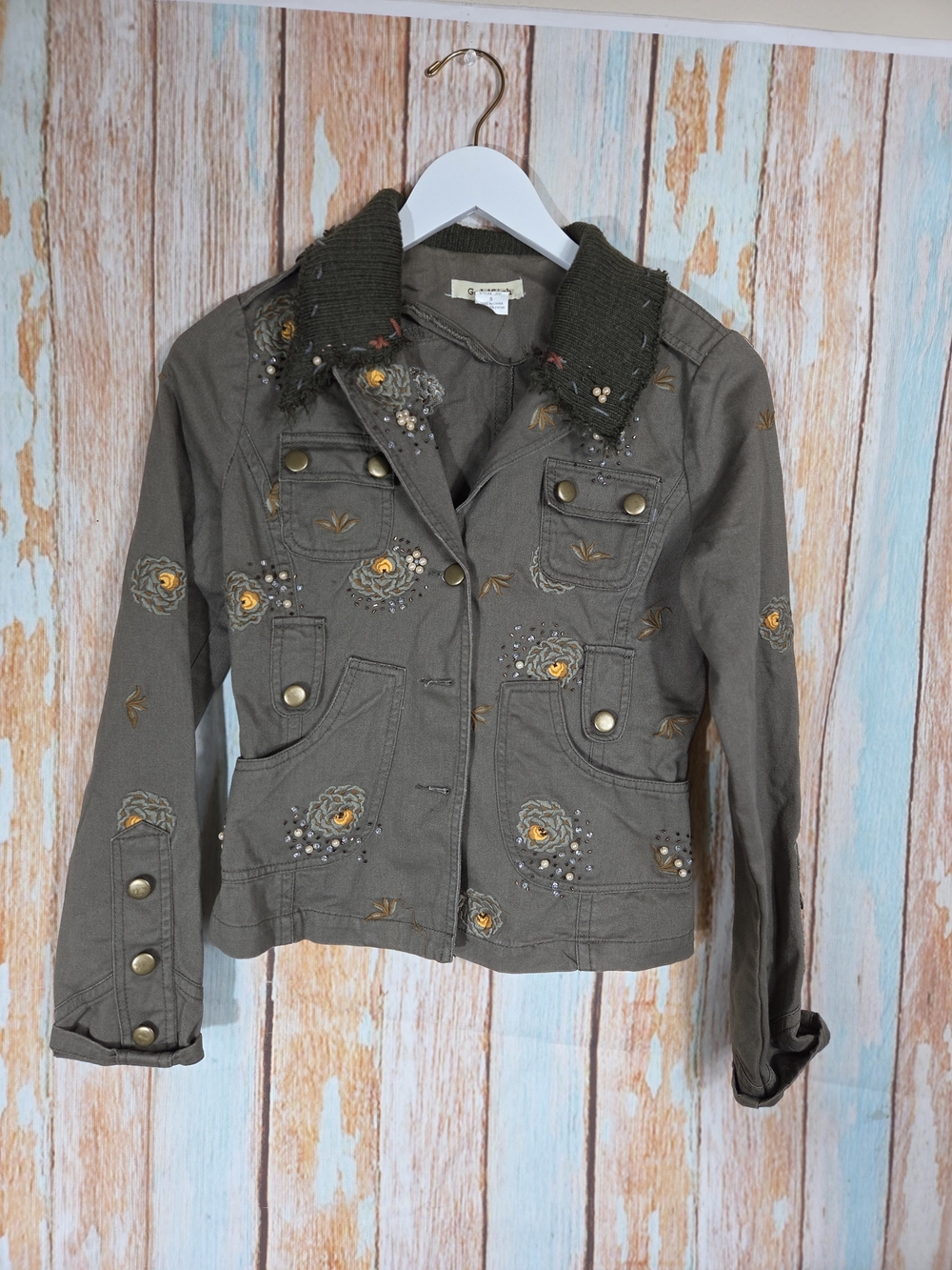 Goldfish Embellished Olive Utility Jacket W/knit Collar. Size Small